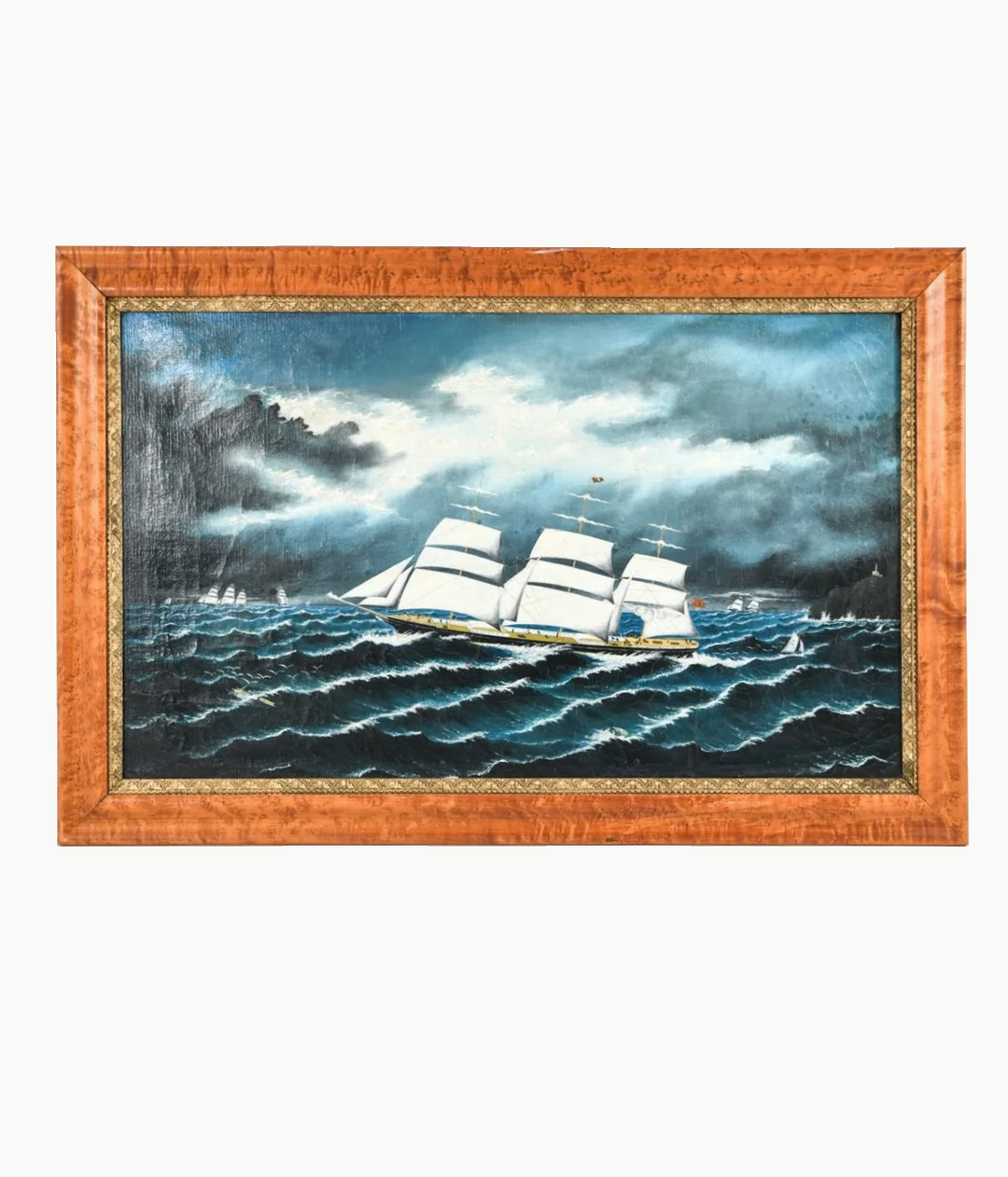 antique maritime painting with burlwood frame