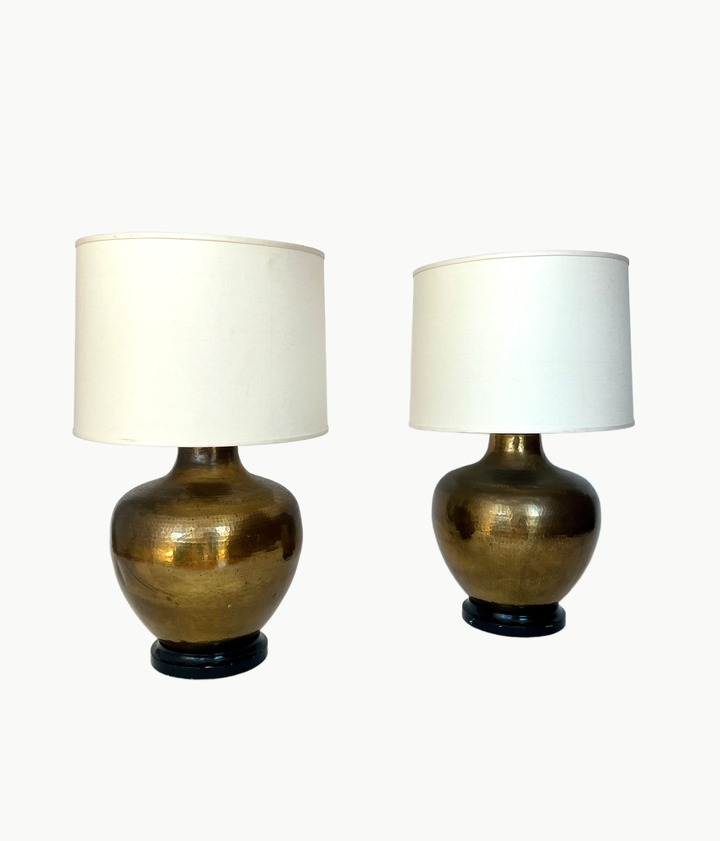 Monumental Pair of 1970's Hammered Brass Lamps by Paul Hanson