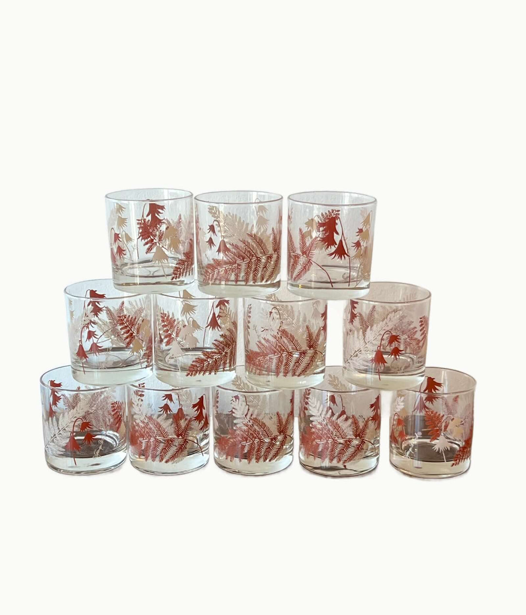 Set of Georges Briard glass tumblers with fern designs  in blush tones