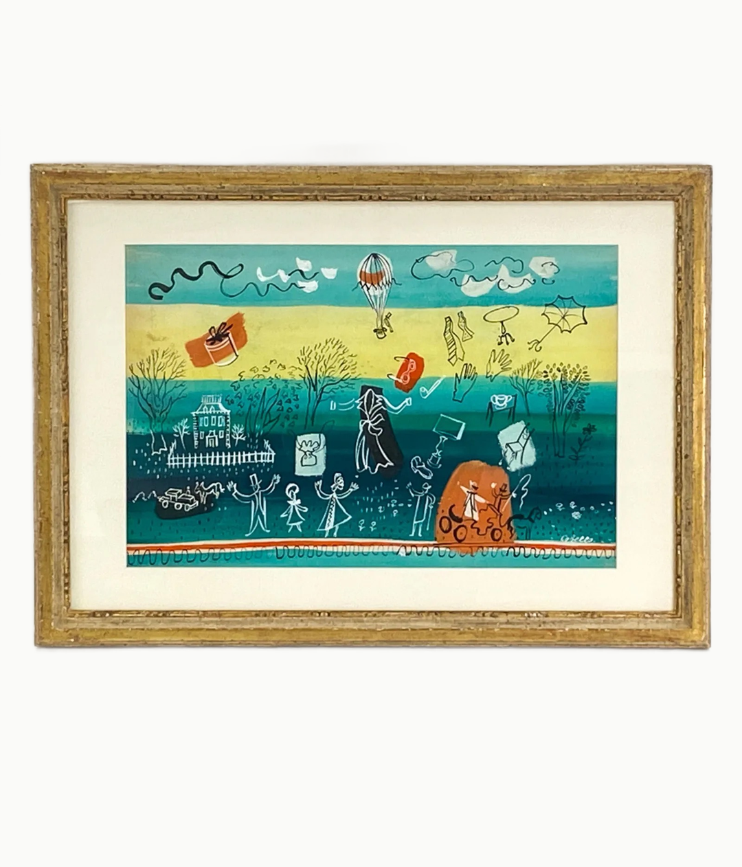 Mid-20th C. Charles Cobelle Signed Gouache on Paper in Vintage Heydenryk Frame - Windy Park with Balloon - andfoundfurnishings