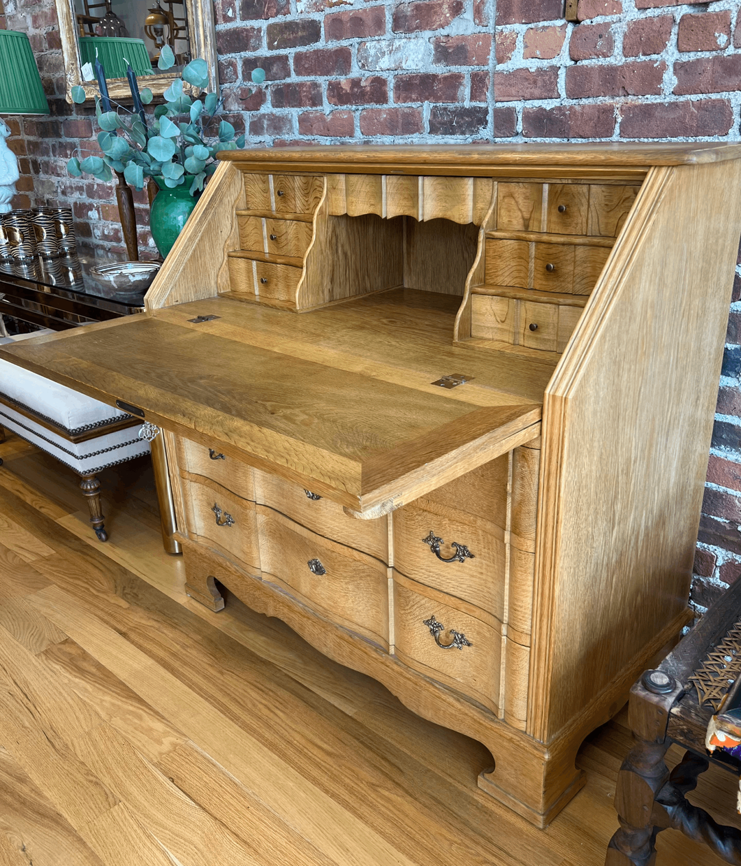 Oak Drop-Front Secretary with Inlaid Parquetry in the Manner of Kjaernulf