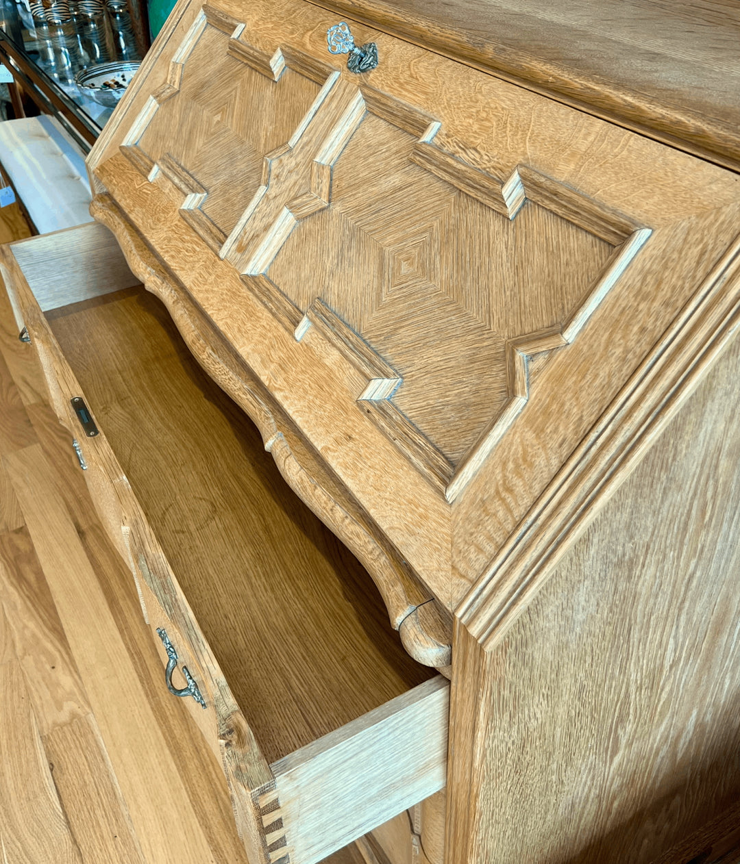 Oak Drop-Front Secretary with Inlaid Parquetry in the Manner of Kjaernulf
