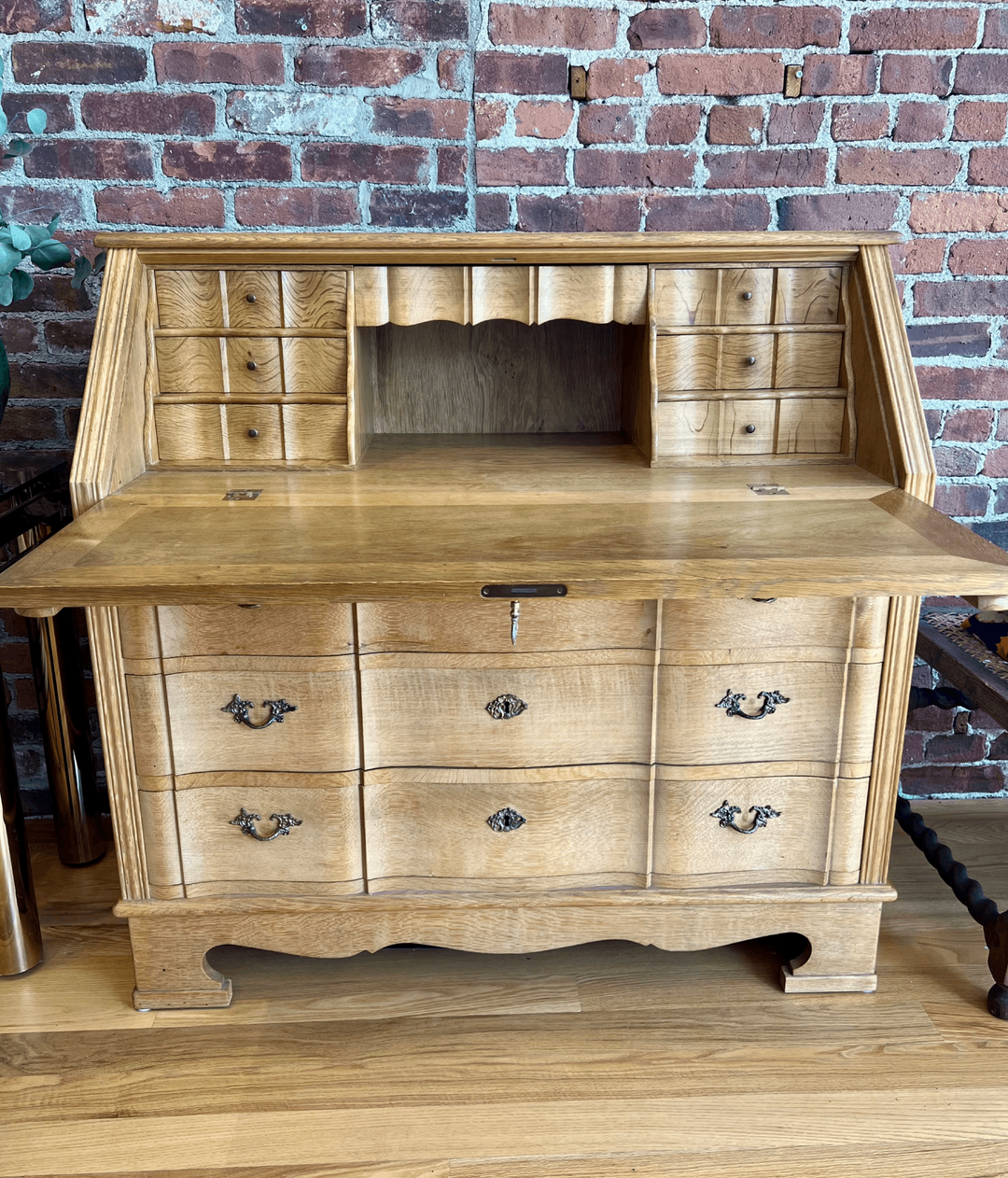 Oak Drop-Front Secretary with Inlaid Parquetry in the Manner of Kjaernulf