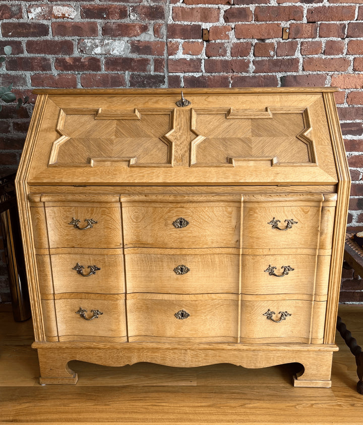 Oak Drop-Front Secretary with Inlaid Parquetry in the Manner of Kjaernulf