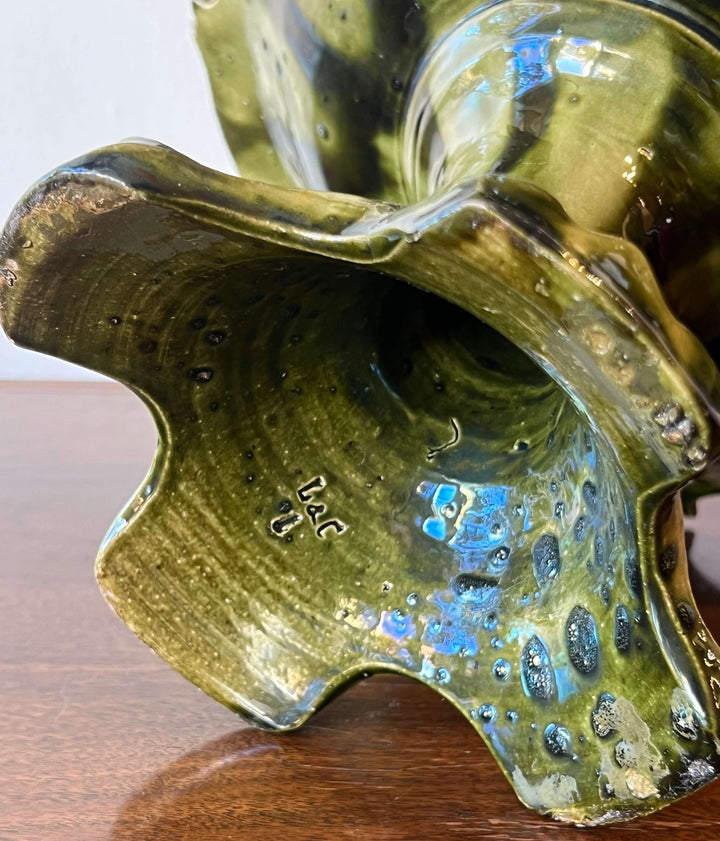 Antique European Majolica Compote with Ornate Relief and Green Glaze, showcasing the detailed scalloped edge and glaze.