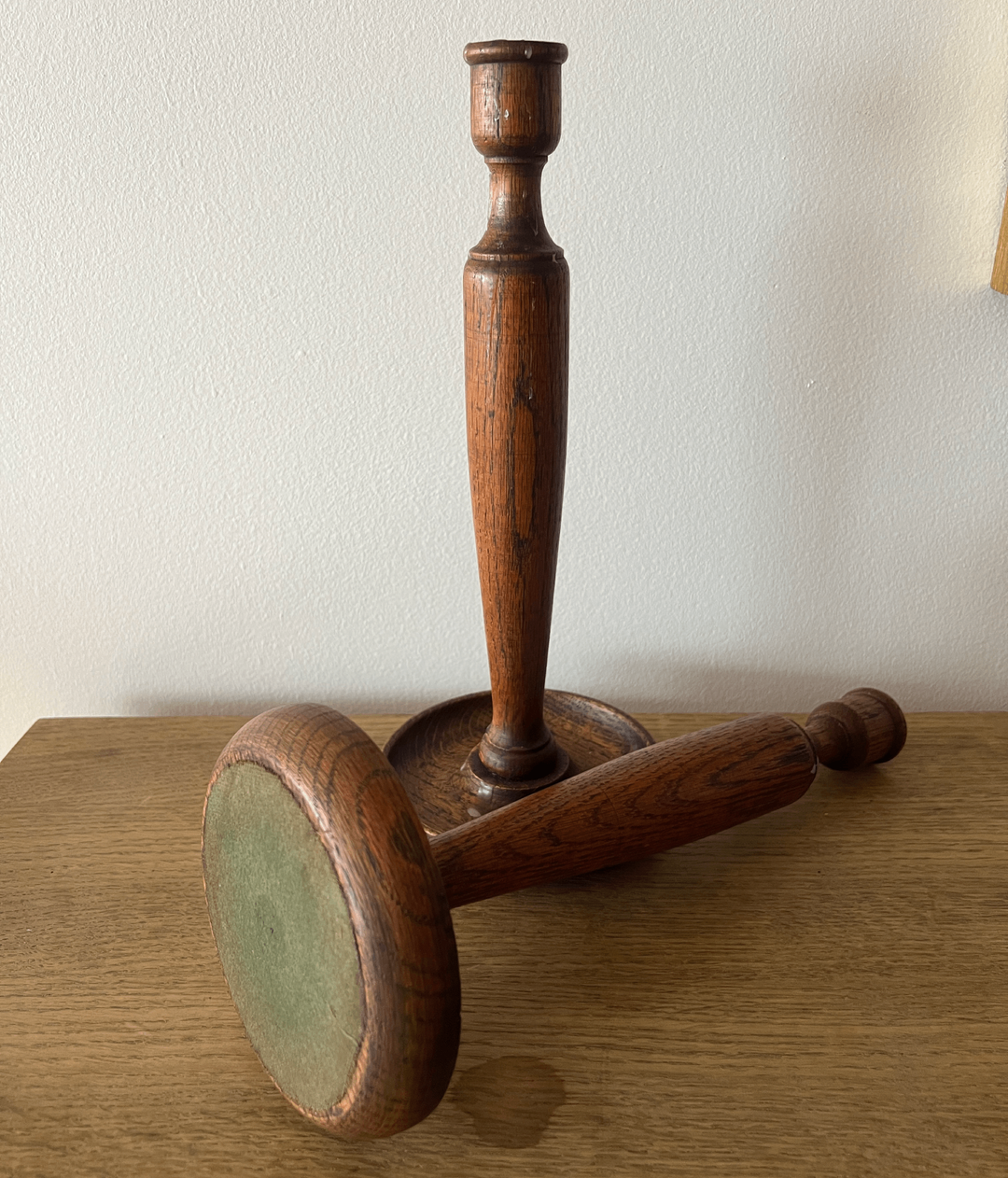 Antique Pair of Turned Oak Candleholders