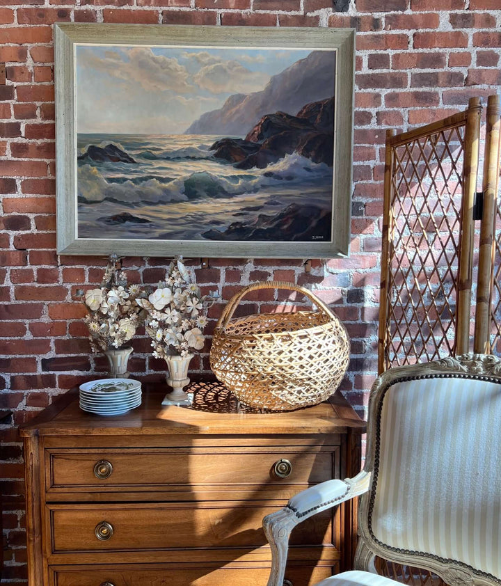 Mid-Century Coastal Oil Painting by Bertha Larson in Rustic Frame