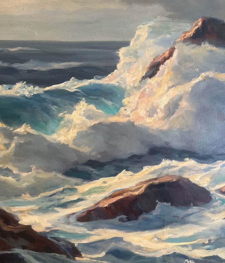 Oil painting of waves crashing against rocks with a focus on the dynamic movement of water.