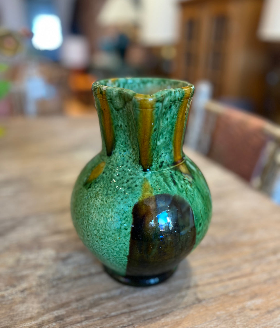 Vintage Drip-Glaze Green and Ochre Pottery Pitcher