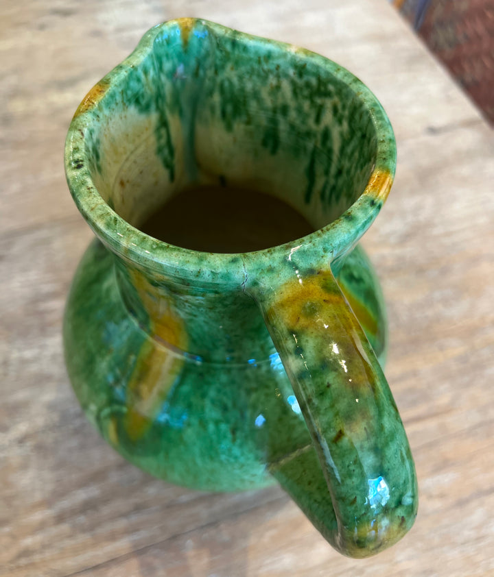 Vintage Drip-Glaze Green and Ochre Pottery Pitcher
