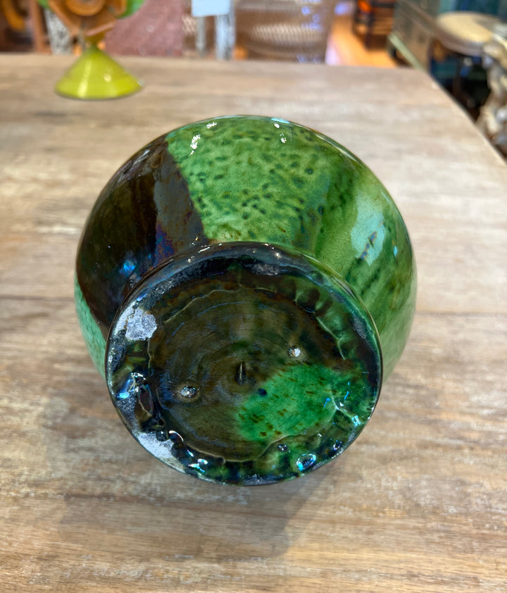 Vintage Drip-Glaze Green and Ochre Pottery Pitcher