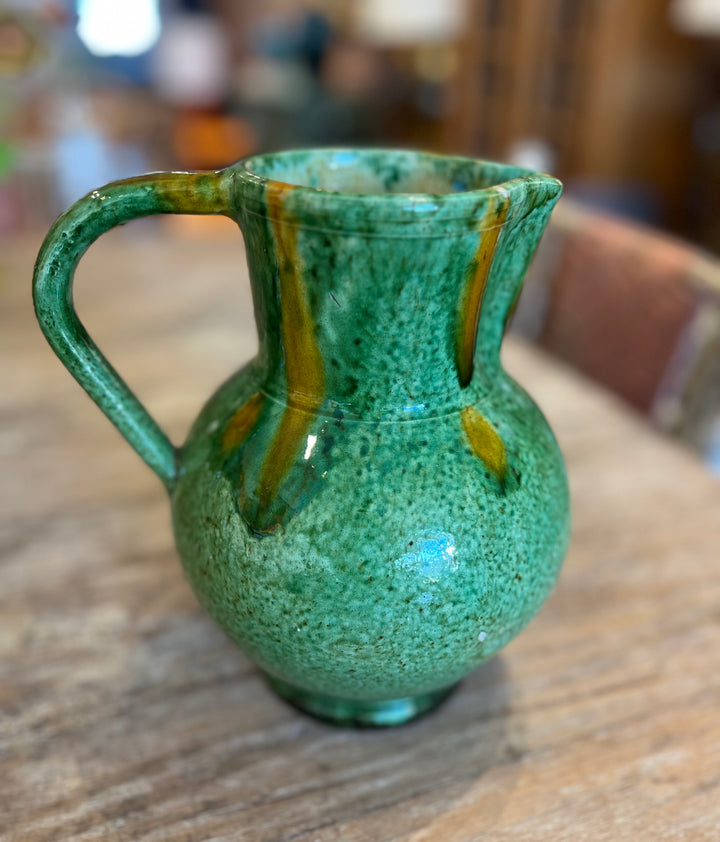 Vintage Drip-Glaze Green and Ochre Pottery Pitcher