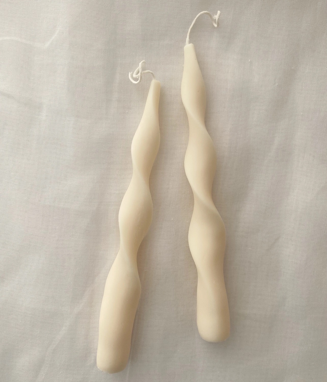 Pair of Vanilla Color Ribbon Tapered Soy Candlesticks