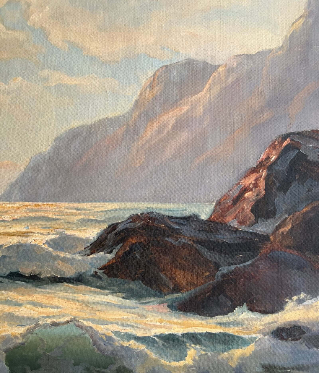 Mid-Century Coastal Oil Painting by Bertha Larson in Rustic Frame