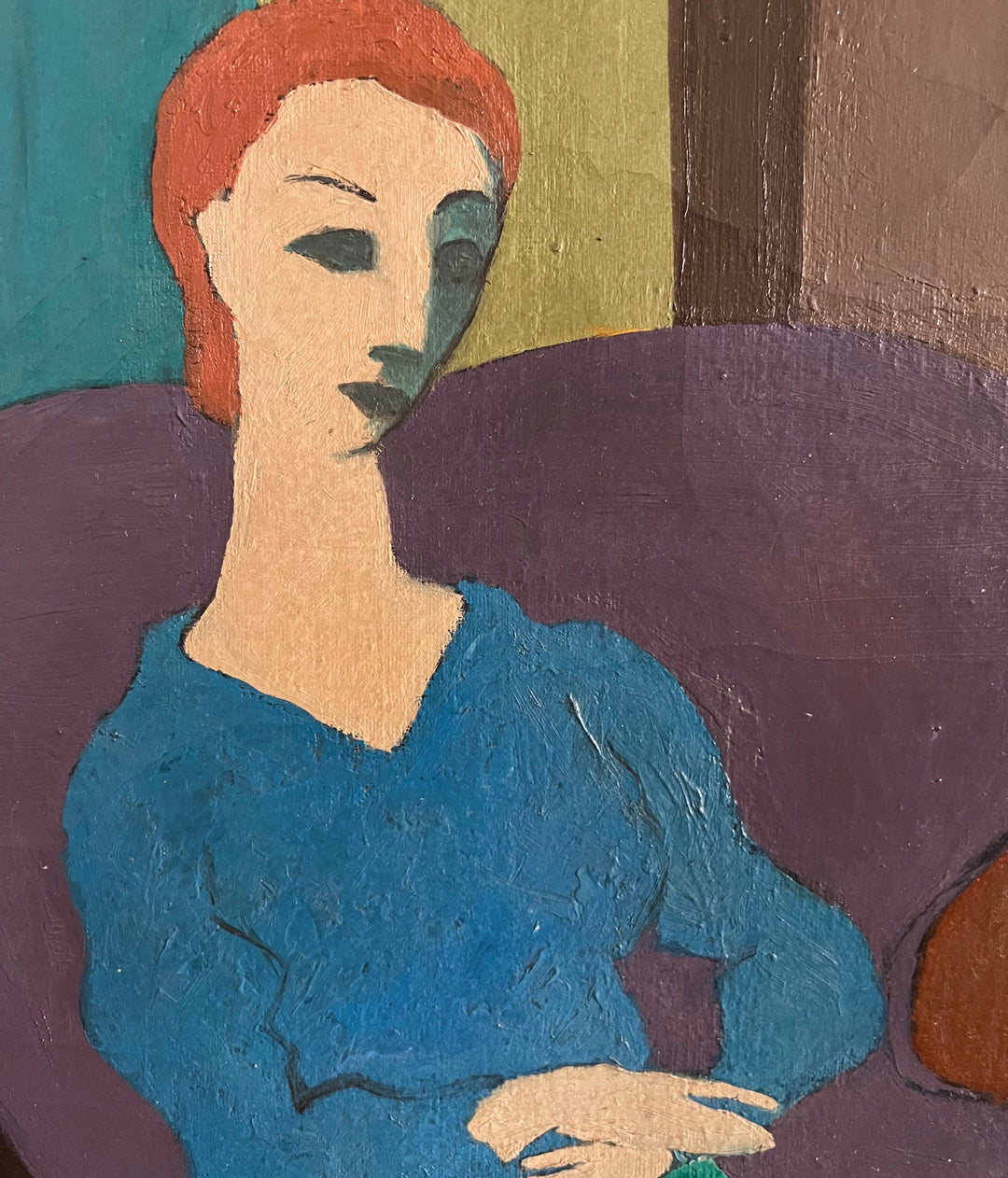 Abstract painting of a person with red hair and blue shirt against a purple background