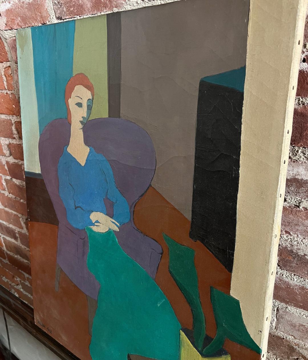 Abstract painting of a figure in a chair with a plant, leaning against a brick wall.