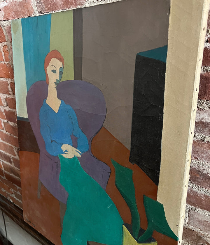 Abstract painting of a figure in a chair with a plant, leaning against a brick wall.