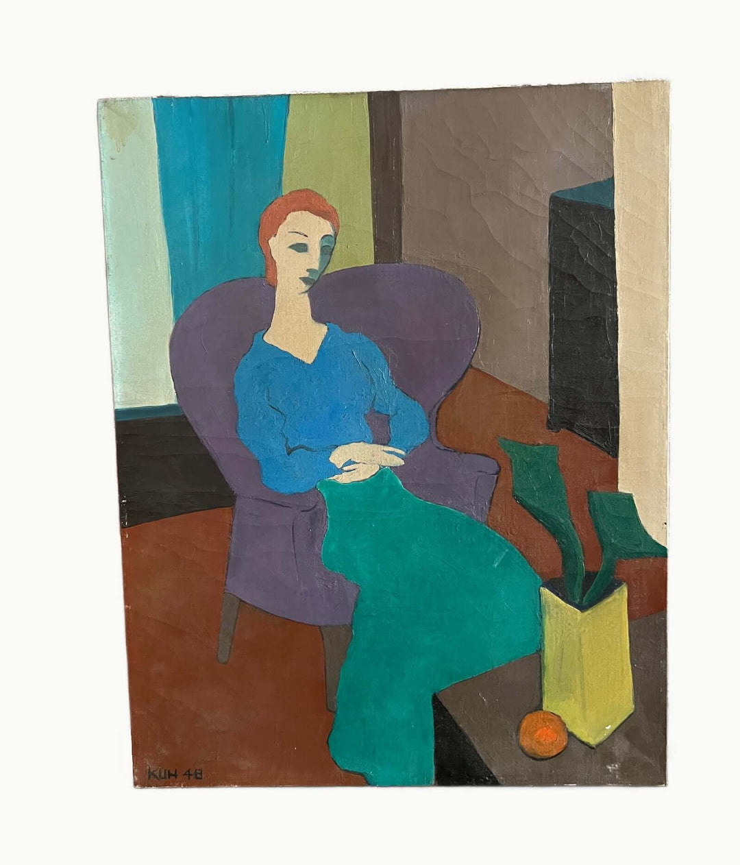 Painting of a woman in a blue dress sitting in a chair with a green plant and orange fruit on a table.