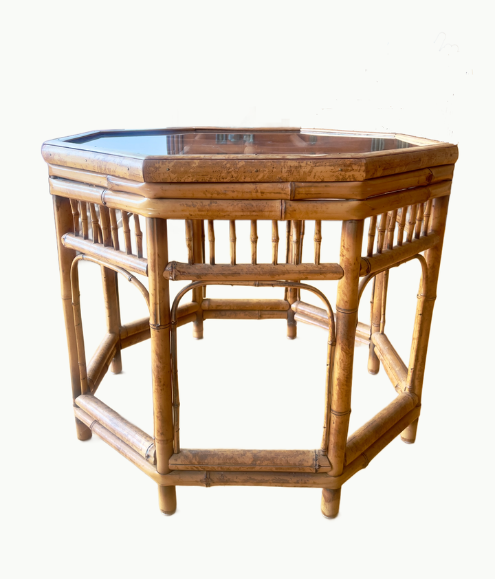 Vintage Octagonal Bamboo and Glass Side Table