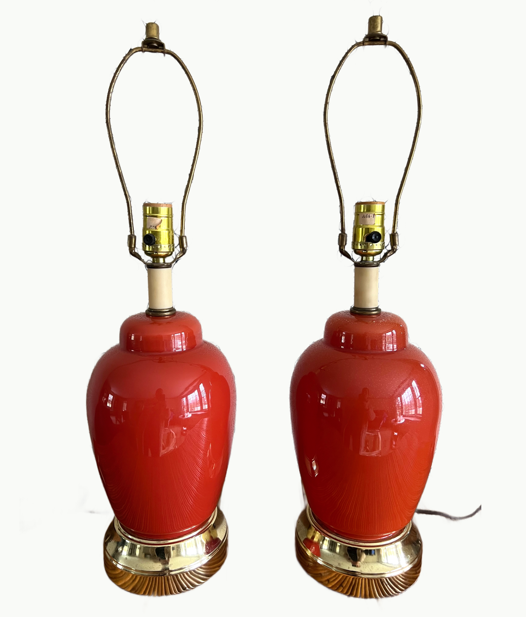 found pair lamps terracotta rust urn form glass