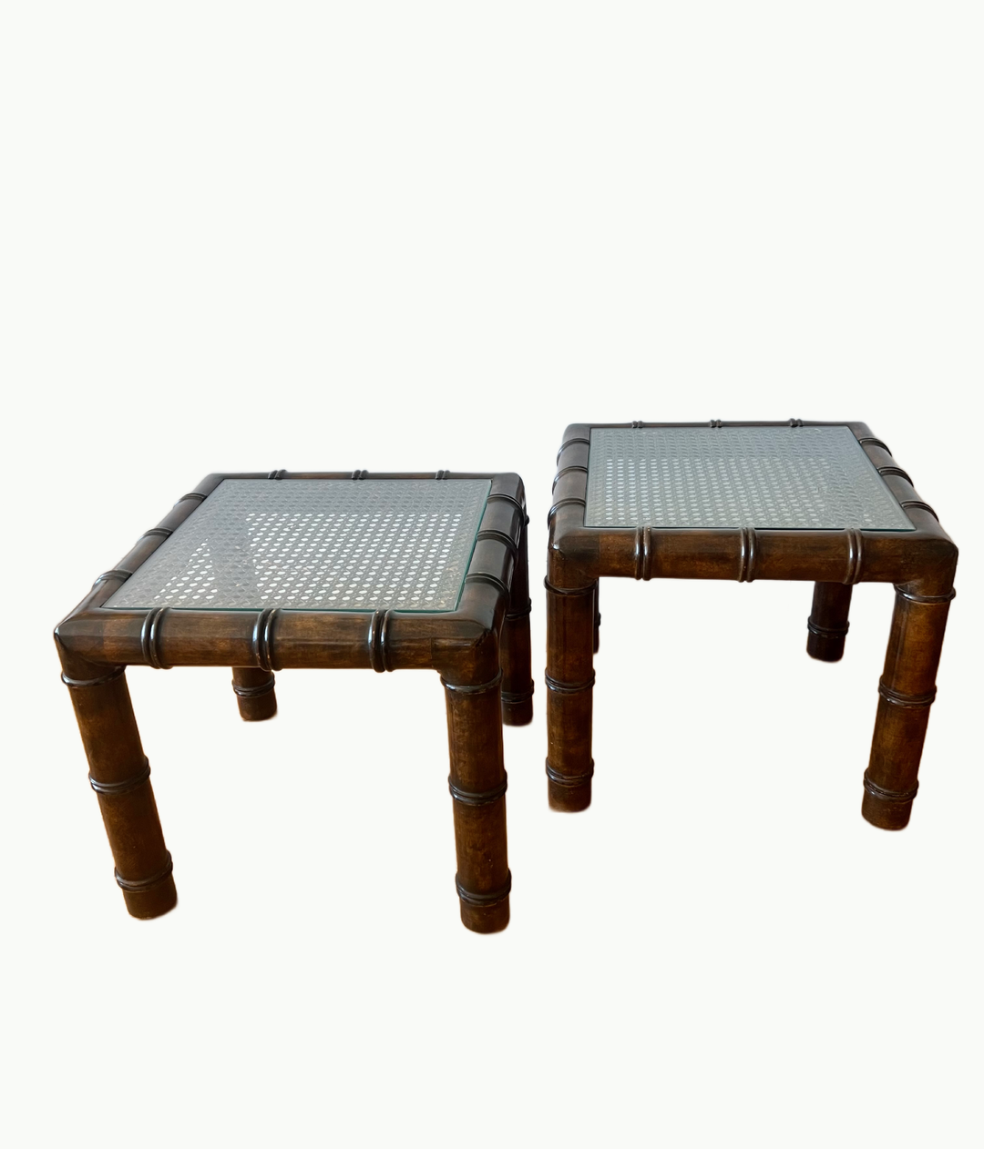 found pair of faux bamboo tables with caning vintage