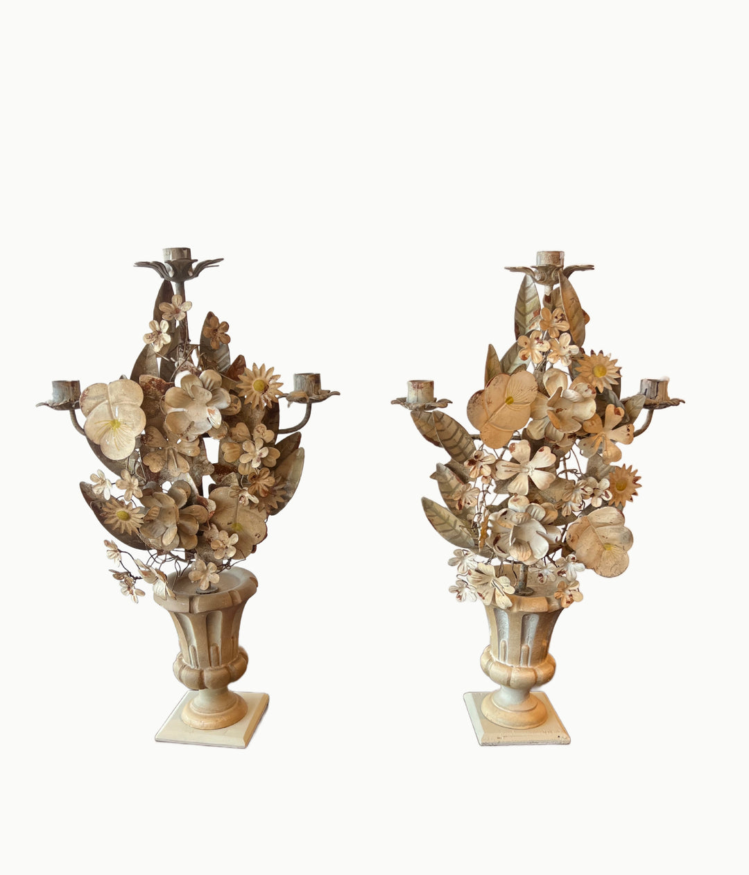 Pair of mid century Italian tole sconces in urn bases