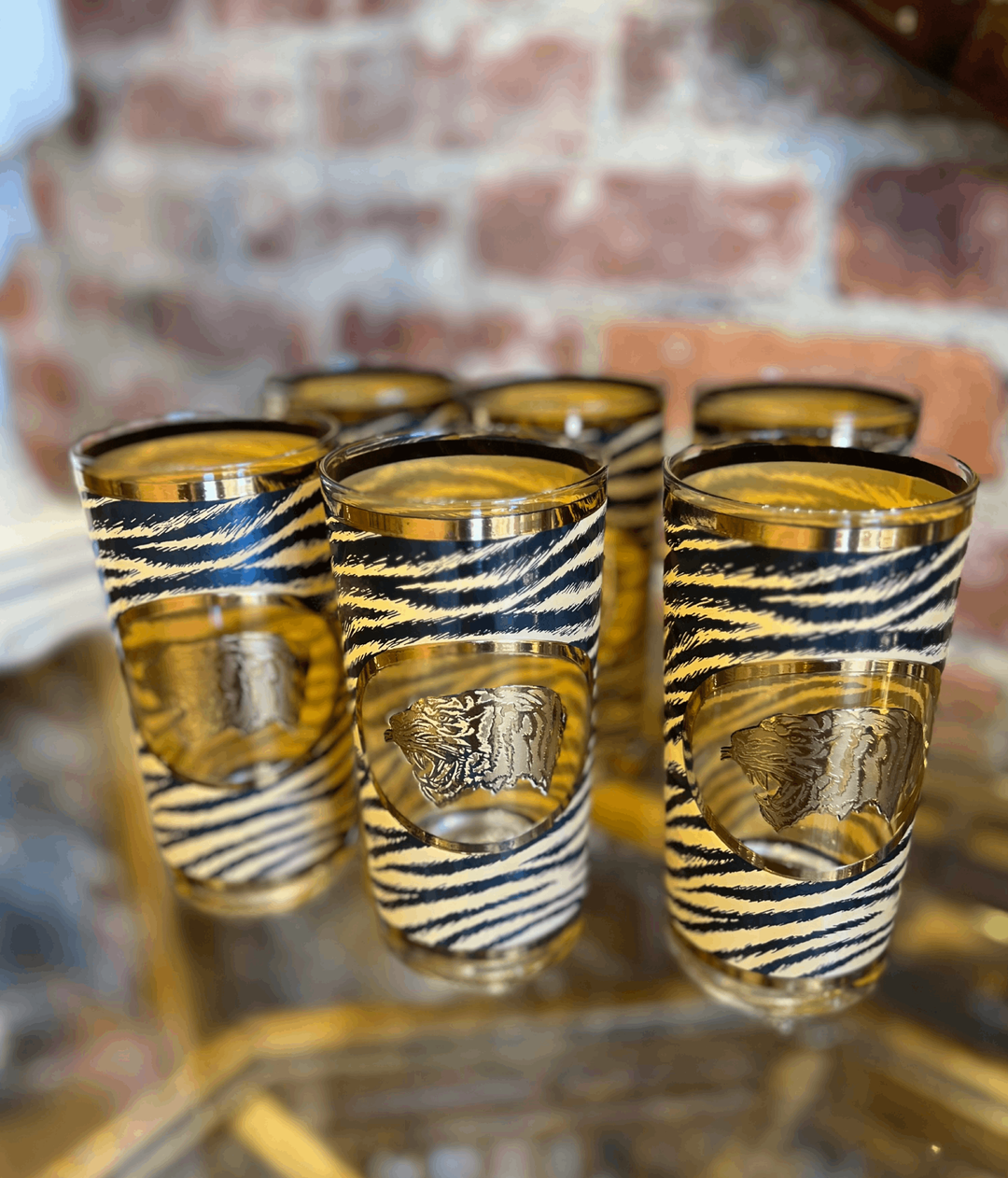 Set of 6 Vintage Cera Highball Glasses – 22K Gold Tiger Motif