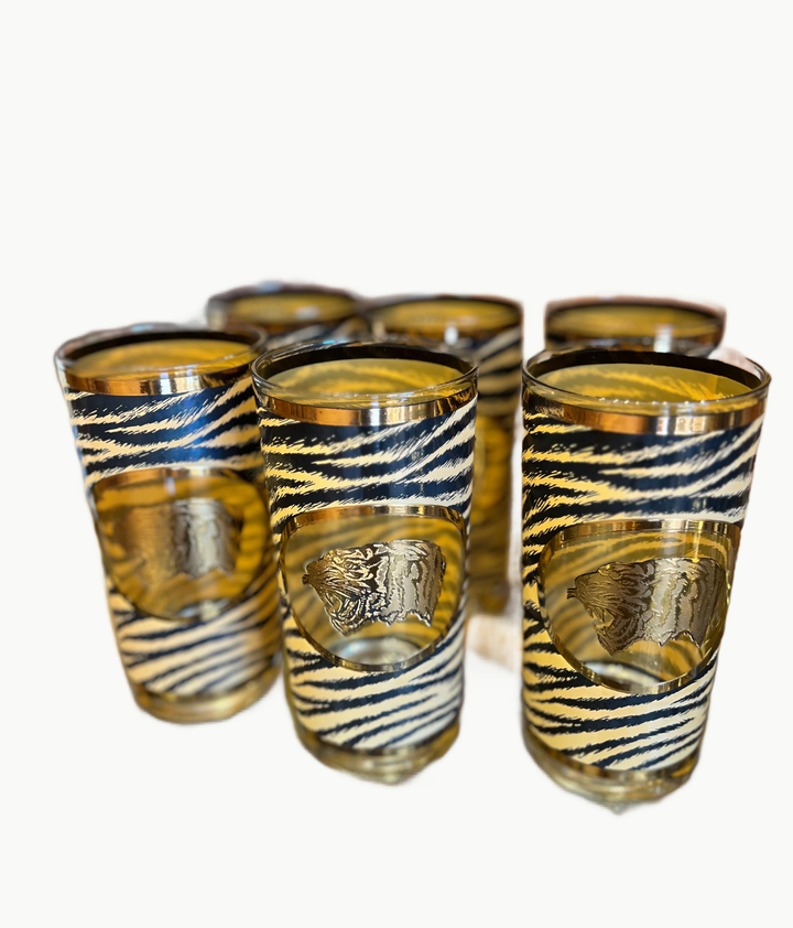 Set of 6 Vintage Cera Highball Glasses – 22K Gold Tiger Motif