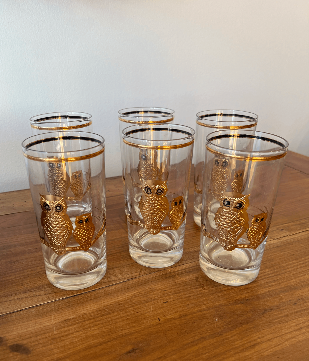 Set of 6 Vintage Culver Highball glasses - 22K Owl Motif - andfoundfurnishings