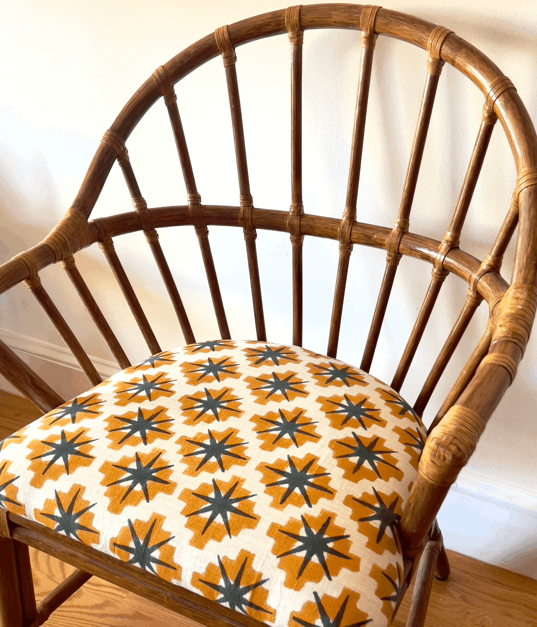 Vintage Barrel-Back Rattan Chair with Block-Printed Seat - andfoundfurnishings