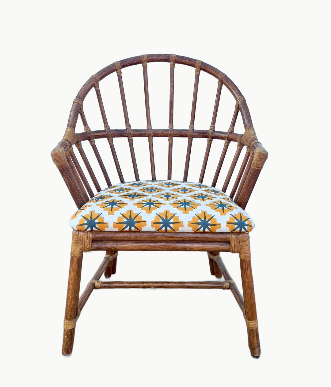 Vintage Barrel-Back Rattan Chair with Block-Printed Seat - andfoundfurnishings