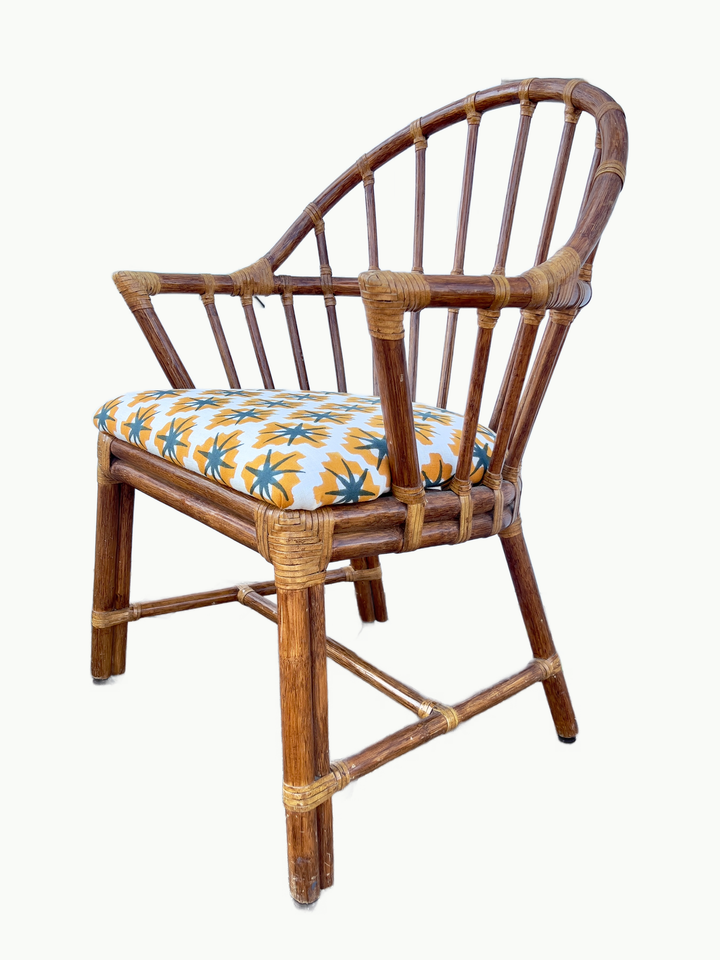 Vintage Barrel-Back Rattan Chair with Block-Printed Seat - andfoundfurnishings