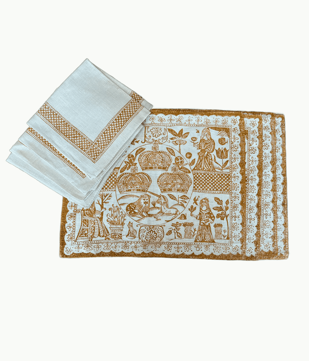 found vintage set placemats napkins medieval motif ochre