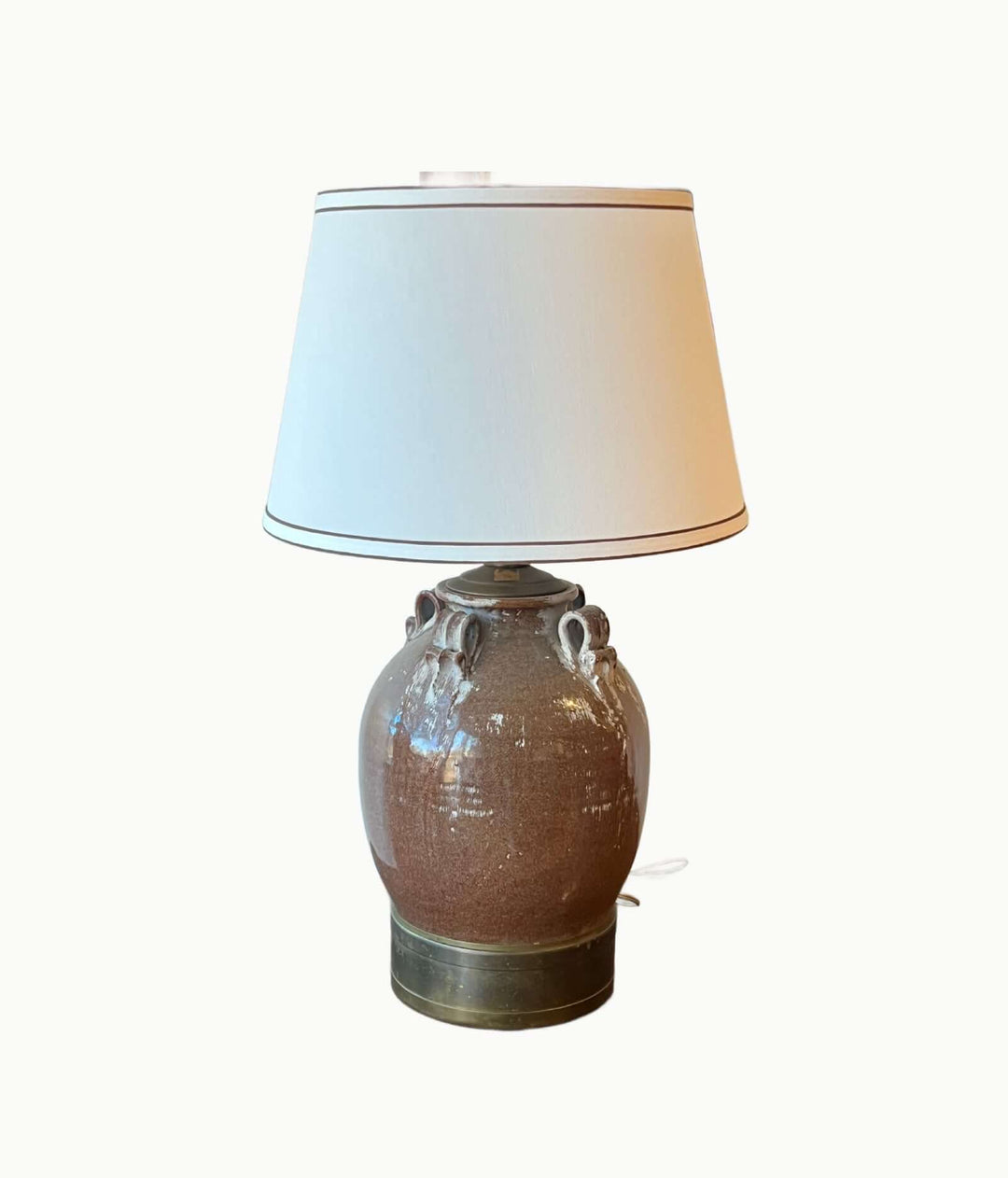 Vintage Stoneware Pottery Form Table Lamp with white shade and brass base, featuring earthy brown glaze and classic handles.