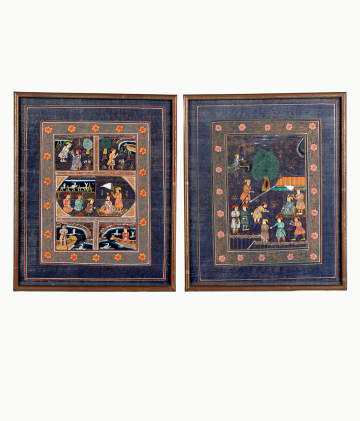 Pair of Mid 20th Century Miniature Persian Paintings on Silk - andfoundfurnishings